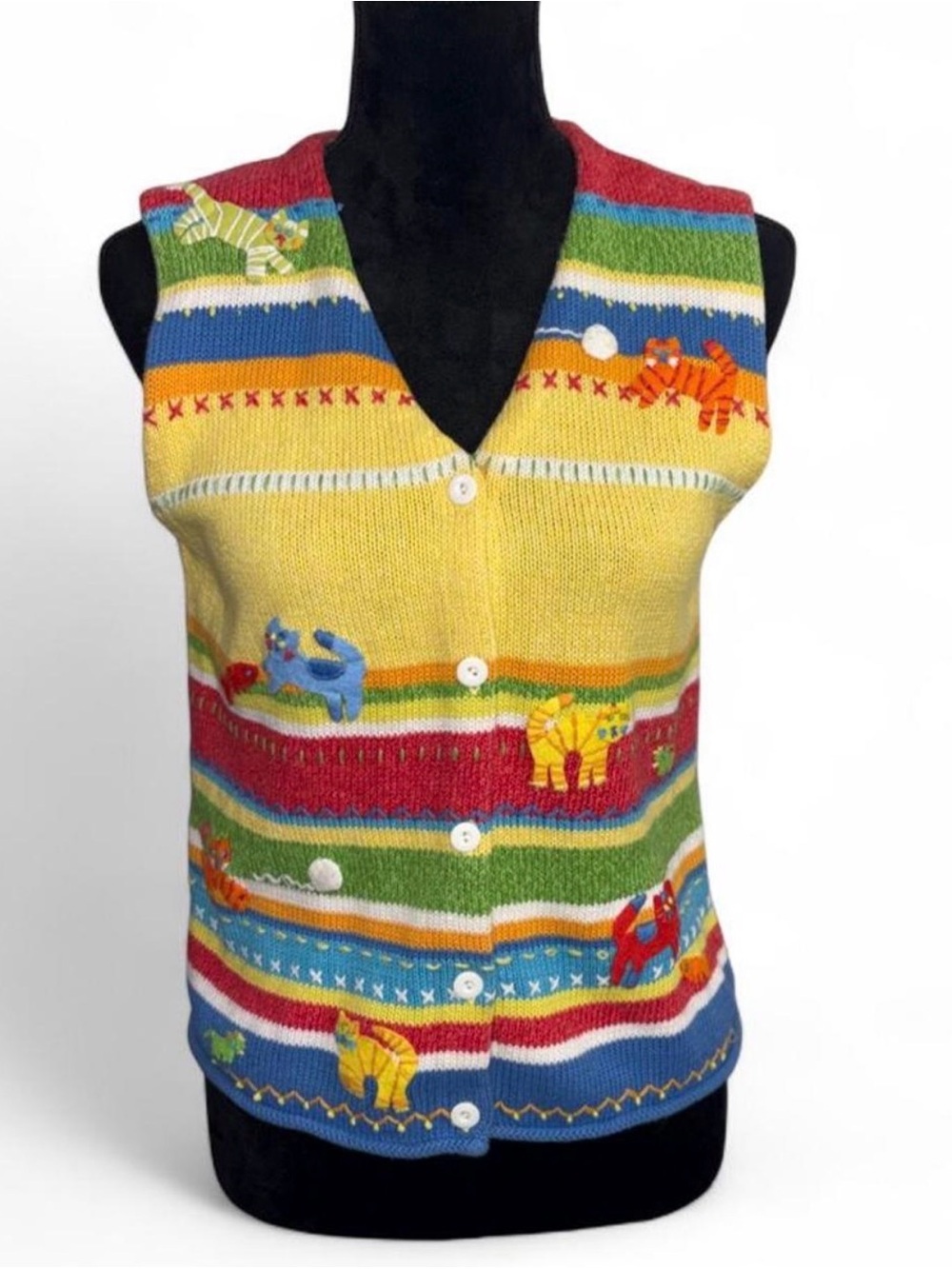Susan Bristol colorful Striped hand embroidered Cat Knit Vest size Small
